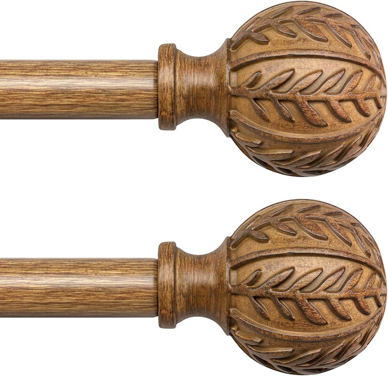 QDWIS 2 Pack Wood Curtain Rods for Windows 48 to 84 Inch, 1'' Adjustable Decorative Drapery Rods with Imitation Wood Grain Leaf Pattern Finials, Boho Heavy Duty Window Curtain Rods Set 36''-88'' - Image 1